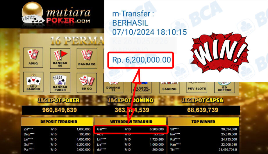 Bukti Withdraw ( 6,200,000,-) Member Setia Mutiarapoker