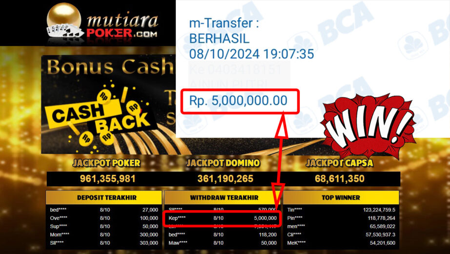 Bukti Withdraw ( 5,000,000,-) Member Setia Mutiarapoker