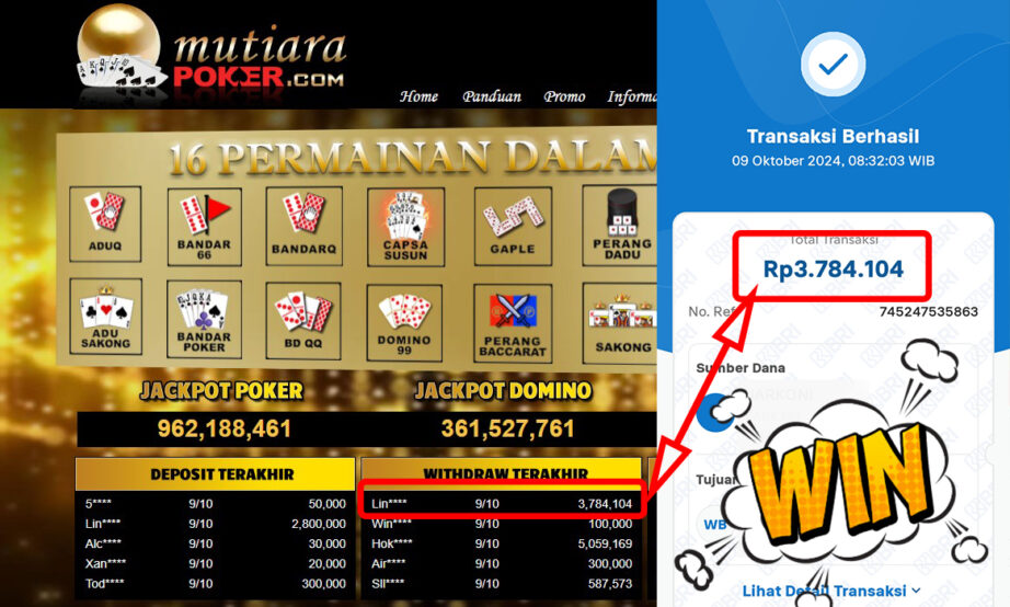 Bukti Withdraw ( 3,784,104,-) Member Setia Mutiarapoker