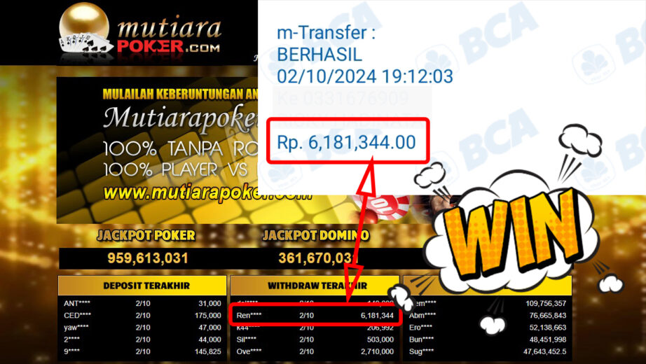 Bukti Withdraw ( 6,181,344,-) Member Setia Mutiarapoker