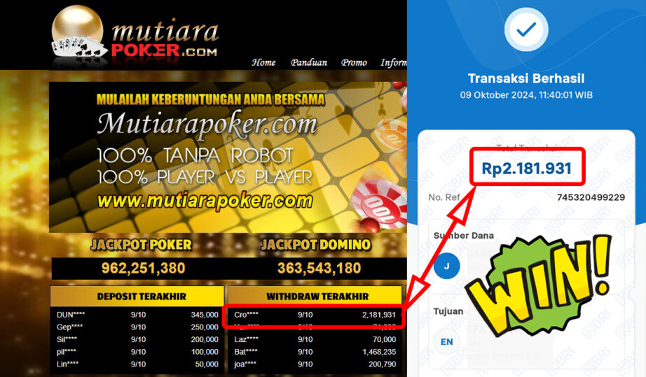 Bukti Withdraw ( 2,181,931,-) Member Setia Mutiarapoker