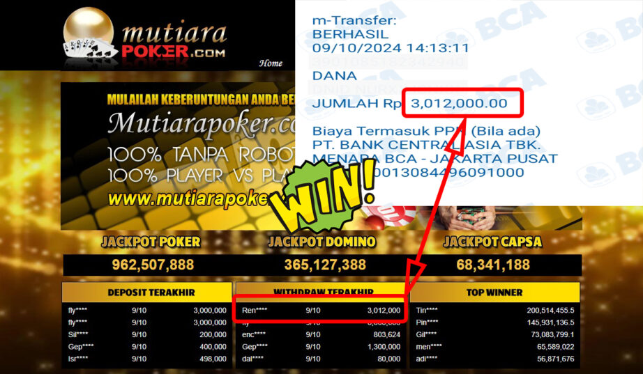 Bukti Withdraw ( 3,012,000,-) Member Setia Mutiarapoker