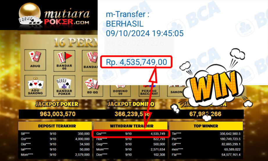 Bukti Withdraw ( 4,535,749,-) Member Setia Mutiarapoker