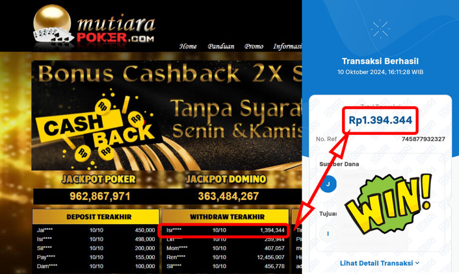 Bukti Withdraw ( 1,394,344,-) Member Setia Mutiarapoker