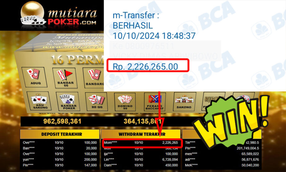 Bukti Withdraw ( 2,226,265,-) Member Setia Mutiarapoker