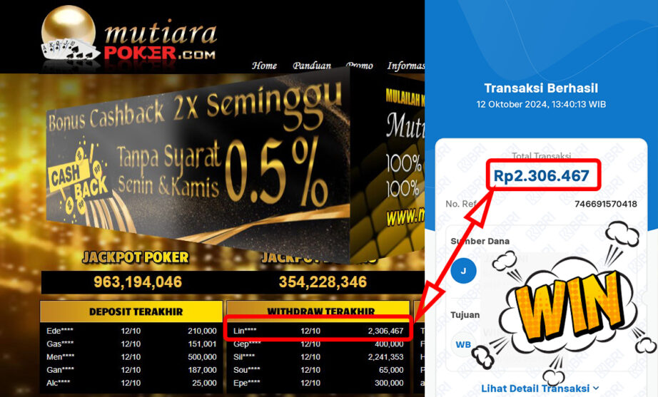 Bukti Withdraw ( 2,306,467,-) Member Setia Mutiarapoker