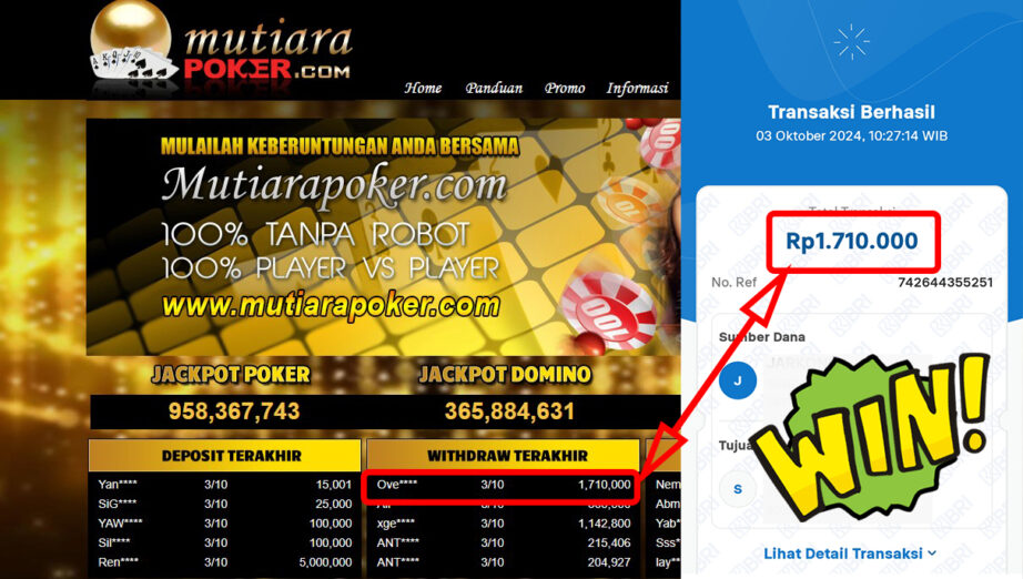 Bukti Withdraw ( 1,710,000,-) Member Setia Mutiarapoker