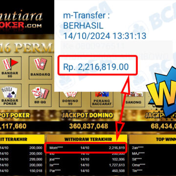 Bukti Withdraw ( 2,216,819,-) Member Setia Mutiarapoker