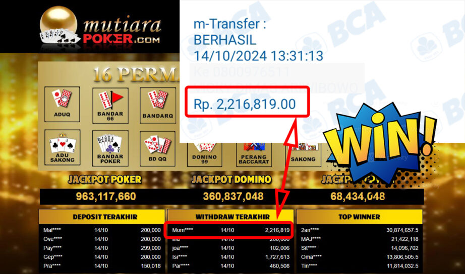 Bukti Withdraw ( 2,216,819,-) Member Setia Mutiarapoker