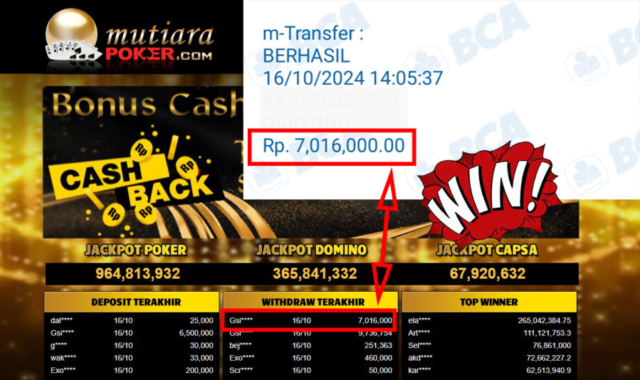 Bukti Withdraw ( 7,016,000,-) Member Setia Mutiarapoker