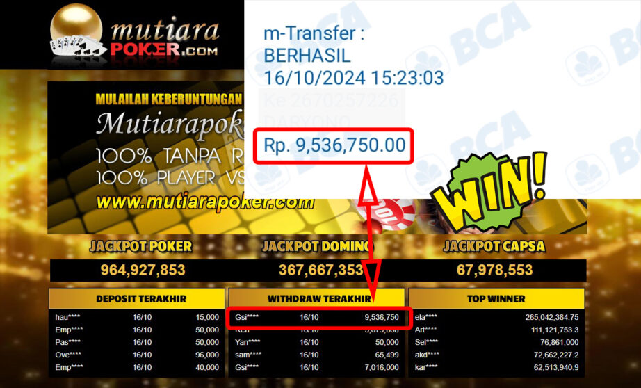 Bukti Withdraw ( 9,536,750,-) Member Setia Mutiarapoker