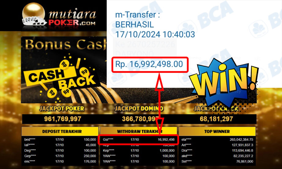 Bukti Withdraw ( 16,992,498,-) Member Setia Mutiarapoker