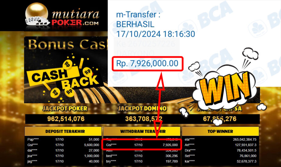 Bukti Withdraw ( 7,926,000,-) Member Setia Mutiarapoker