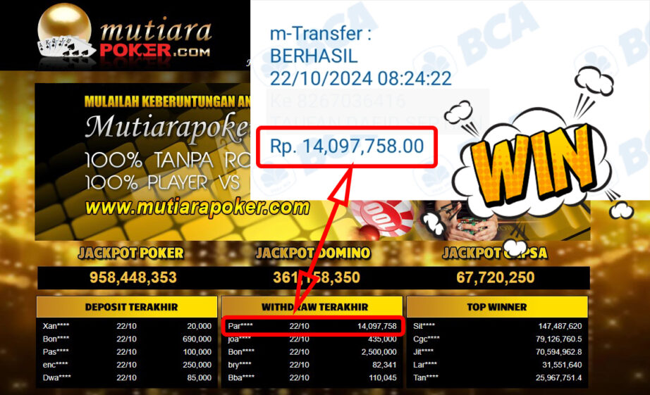 Bukti Withdraw ( 14,097,758,-) Member Setia Mutiarapoker