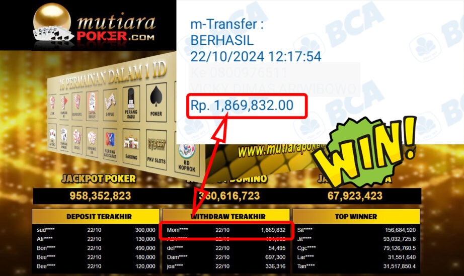 Bukti Withdraw ( 1,869,832,-) Member Setia Mutiarapoker