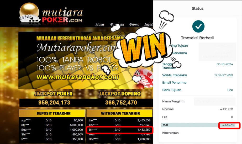 Bukti Withdraw ( 4,433,250,-) Member Setia Mutiarapoker