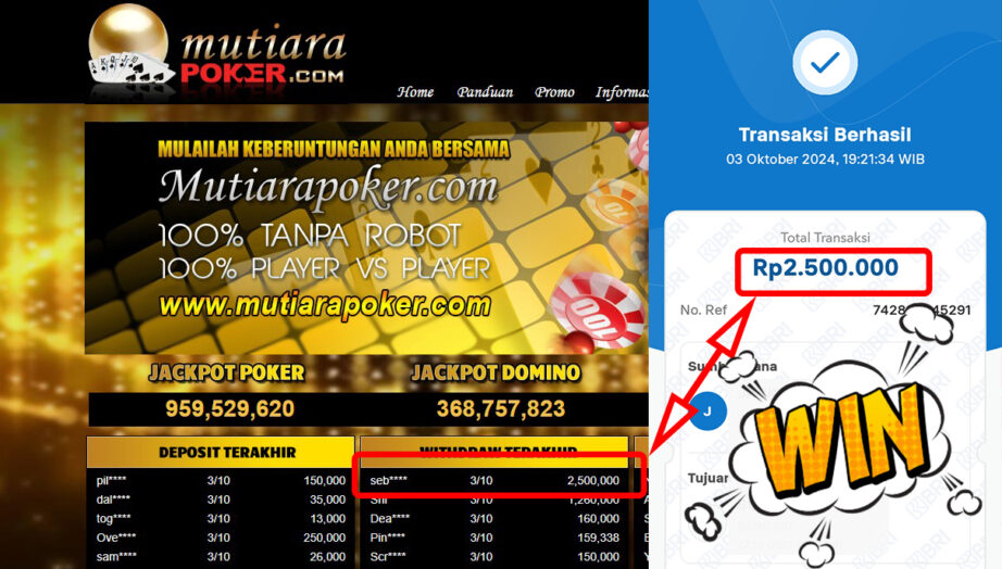 Bukti Withdraw ( 2,500,000,-) Member Setia Mutiarapoker