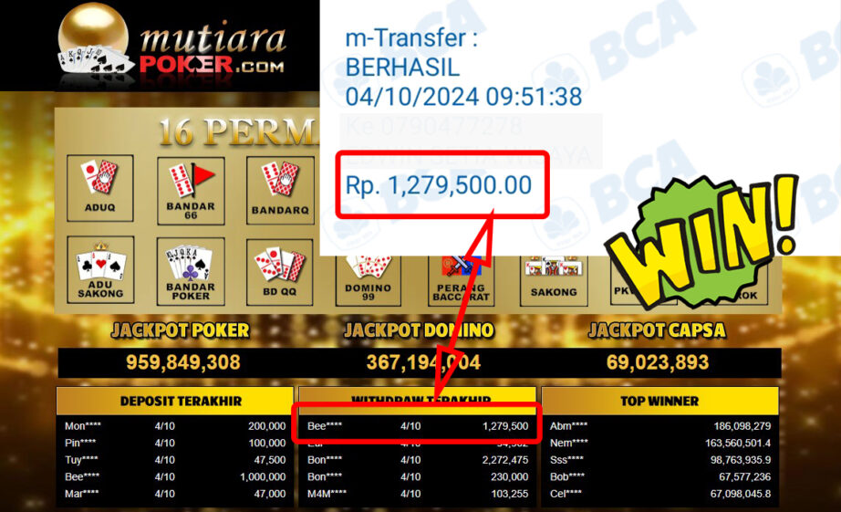 Bukti Withdraw ( 1,279,500,-) Member Setia Mutiarapoker