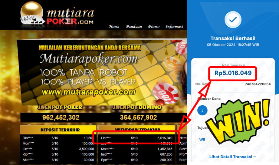 Bukti Withdraw ( 5,016,049,-) Member Setia Mutiarapoker