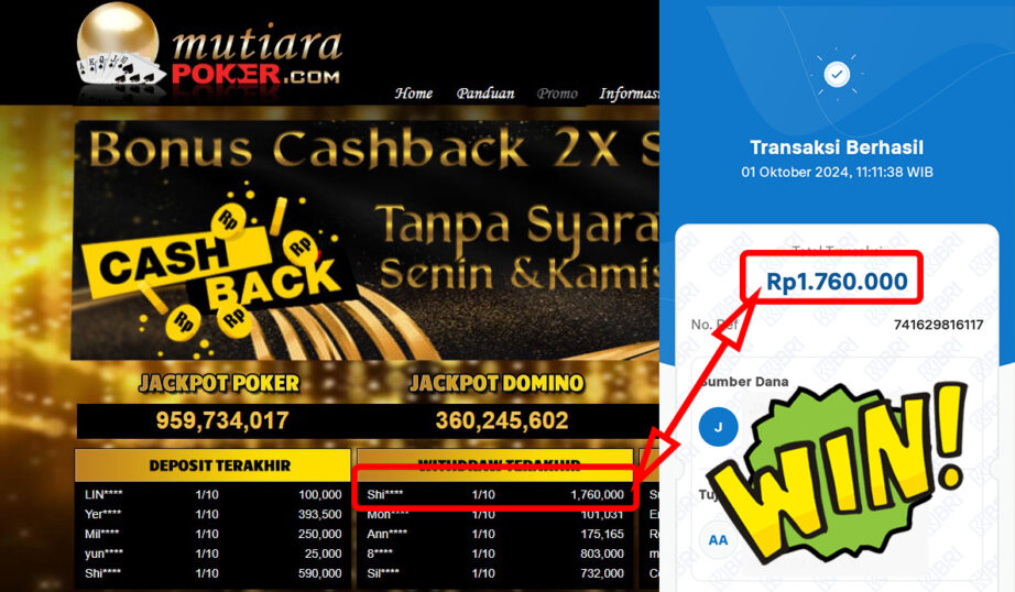 Bukti Withdraw ( 1,760,000,-) Member Setia Mutiarapoker