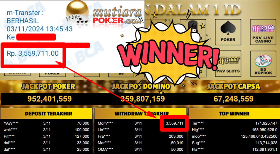 Bukti Withdraw ( 3.559.711,-) Member Setia Mutiarapoker