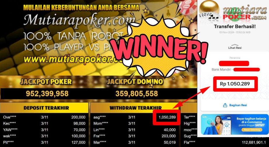 Bukti Withdraw ( 1.050.289,-) Member Setia Mutiarapoker