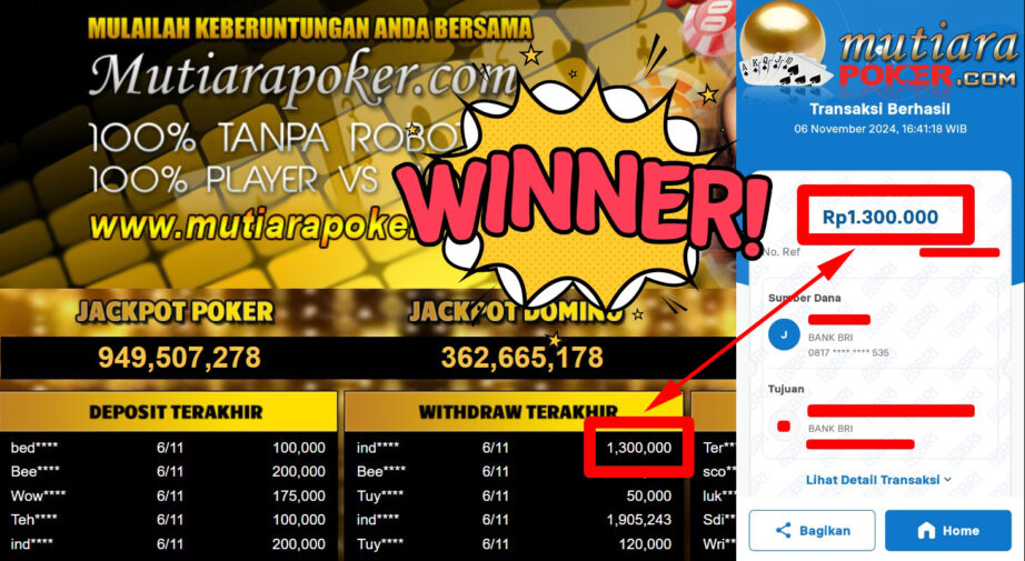 Bukti Withdraw ( 1.300.000,-) Member Setia Mutiarapoker