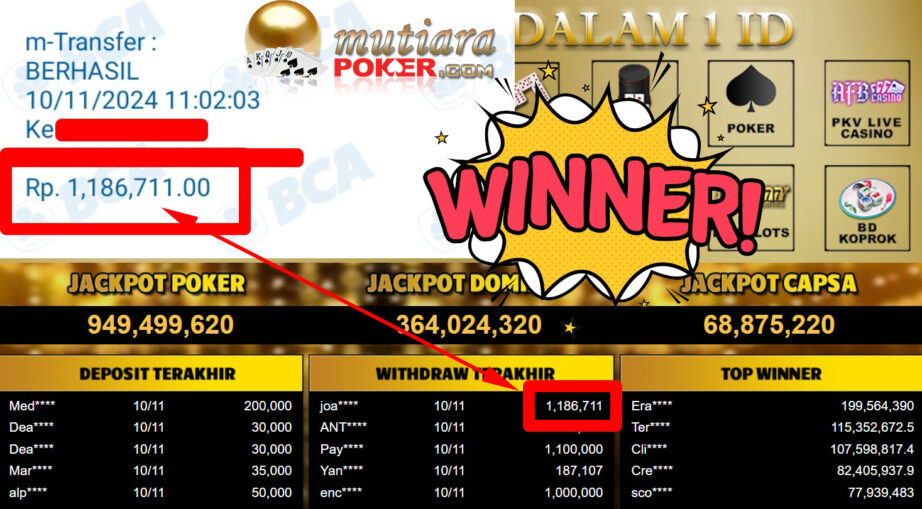 Bukti Withdraw ( 1.186.711,-) Member Setia Mutiarapoker