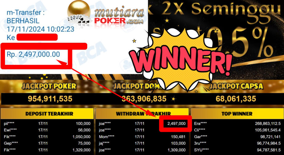 Bukti Withdraw ( 2.497.000,-) Member Setia Mutiarapoker