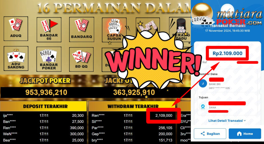 Bukti Withdraw ( 2.109.000,-) Member Setia Mutiarapoker