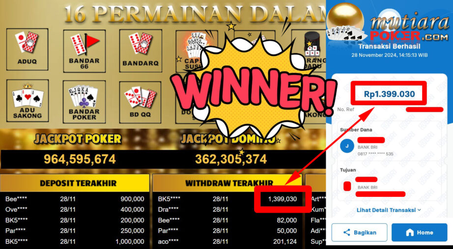 Bukti Withdraw ( 1.399.030,-) Member Setia Mutiarapoker