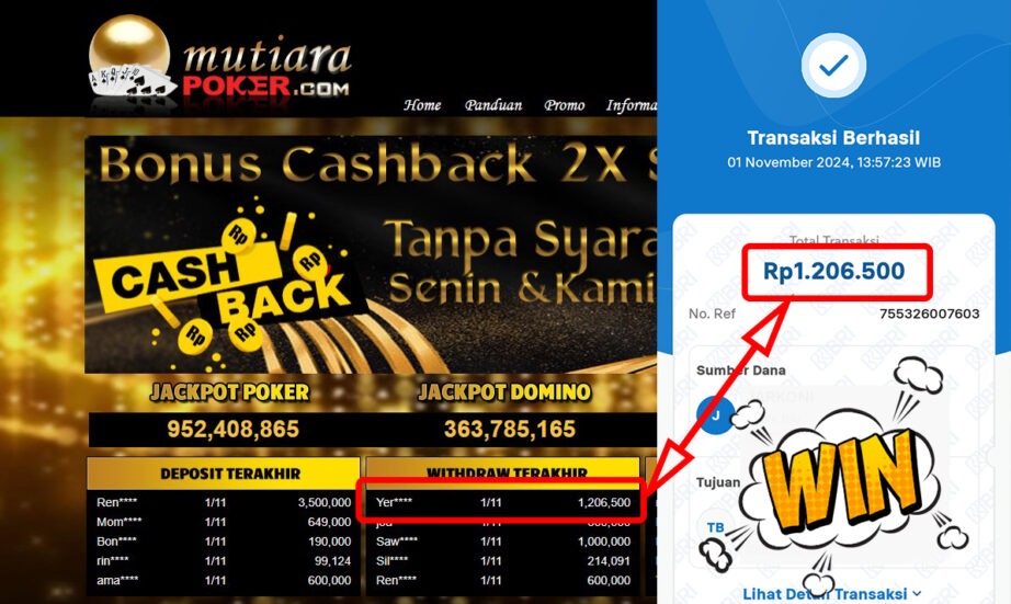 Bukti Withdraw ( 1,206,500,-) Member Setia Mutiarapoker