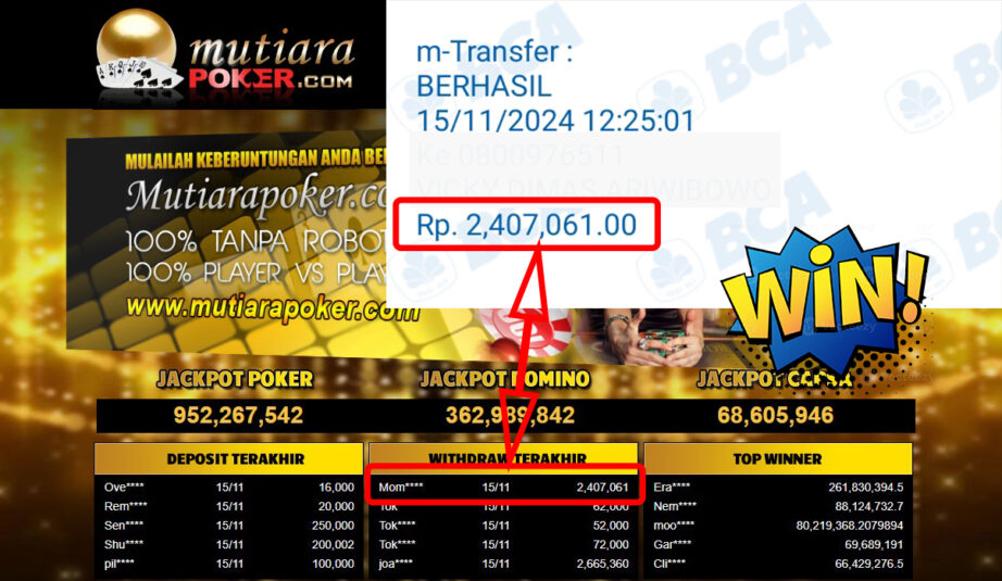 Bukti Withdraw ( 2,407,061,-) Member Setia Mutiarapoker