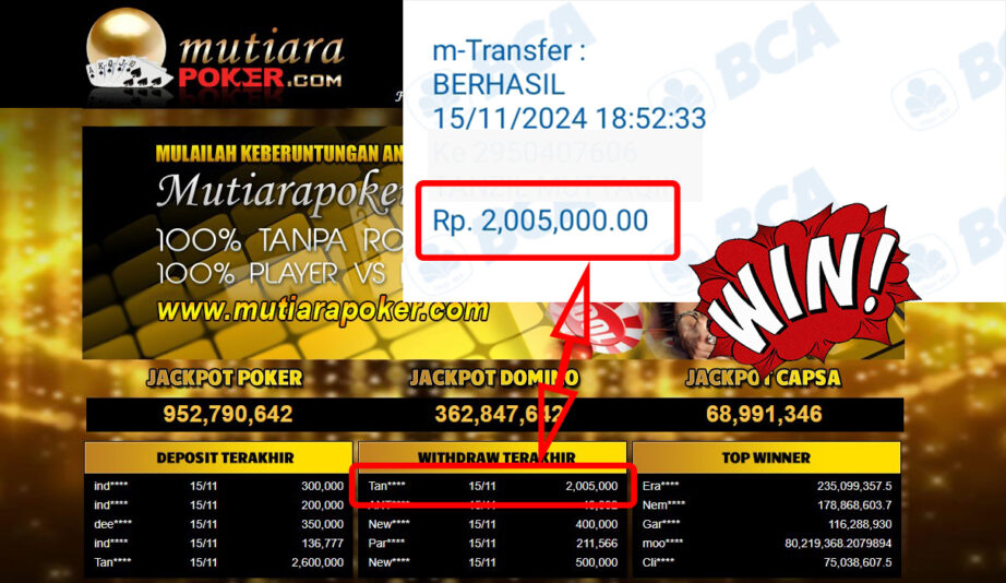 Bukti Withdraw ( 2,005,000,-) Member Setia Mutiarapoker