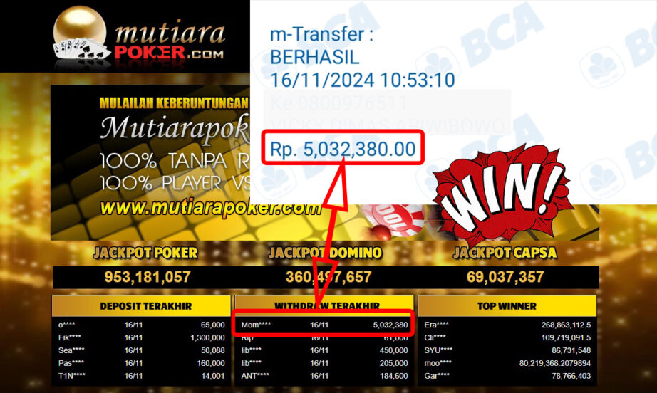 Bukti Withdraw ( 5,032,380,-) Member Setia Mutiarapoker