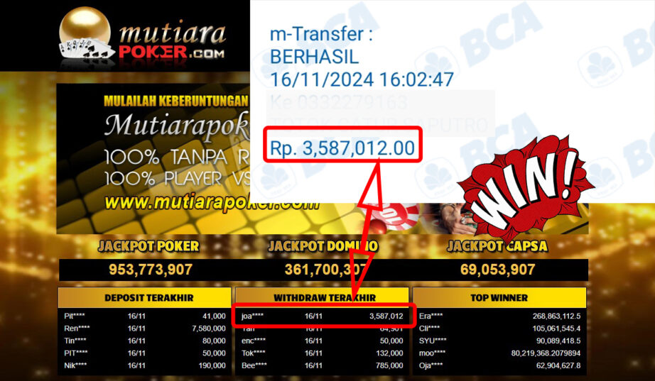 Bukti Withdraw ( 3,587,012,-) Member Setia Mutiarapoker