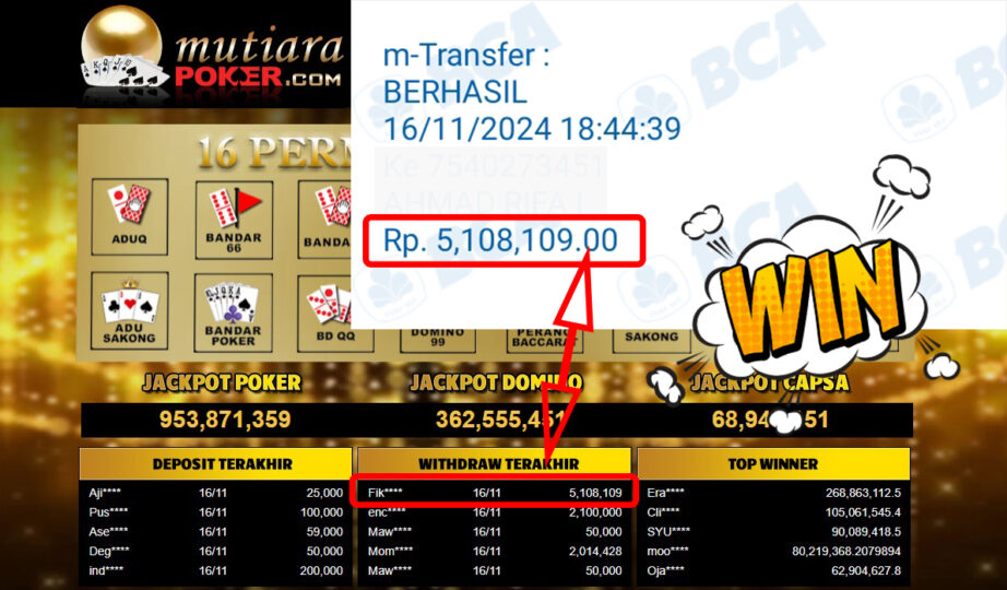 Bukti Withdraw ( 5,108,109,-) Member Setia Mutiarapoker