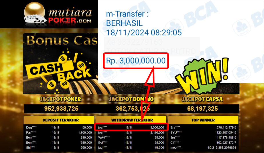 Bukti Withdraw ( 3,000,000,-) Member Setia Mutiarapoker