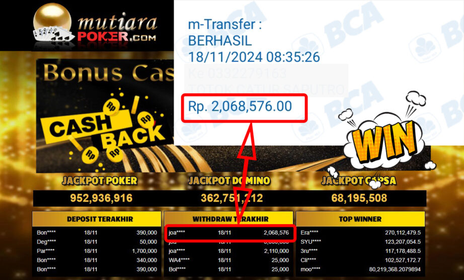 Bukti Withdraw ( 2,068,576,-) Member Setia Mutiarapoker