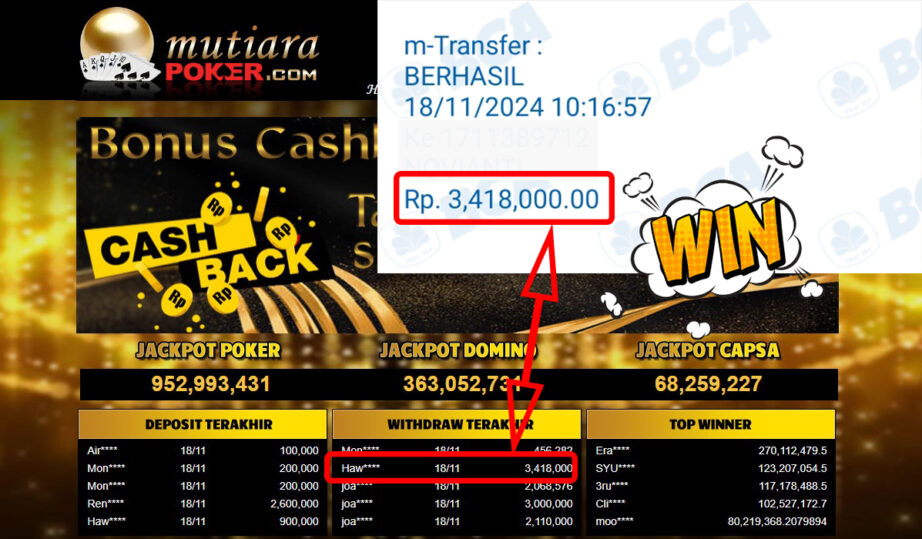 Bukti Withdraw ( 3,418,000,-) Member Setia Mutiarapoker