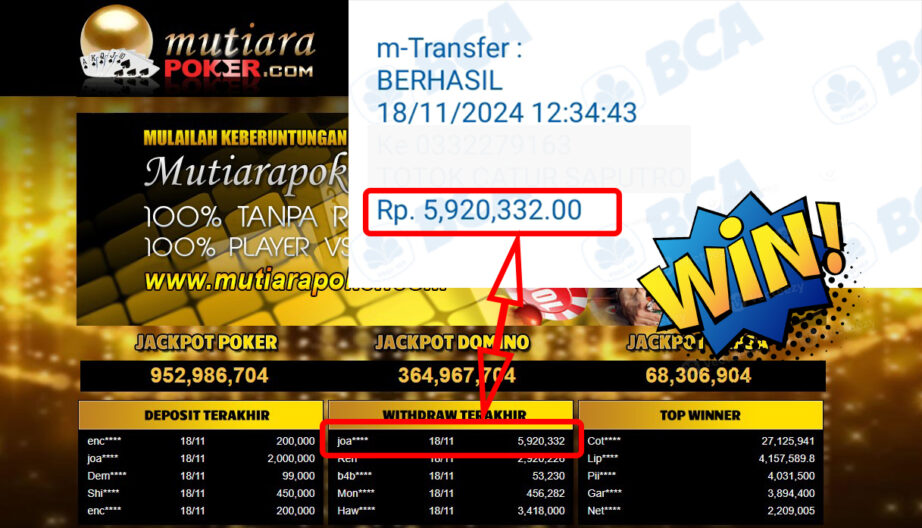 Bukti Withdraw ( 5,920,332,-) Member Setia Mutiarapoker