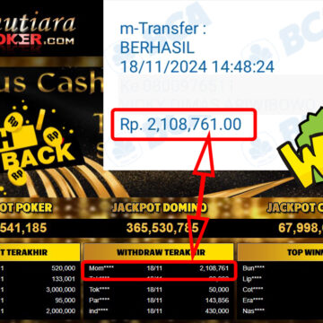 Bukti Withdraw ( 2,108,761,-) Member Setia Mutiarapoker