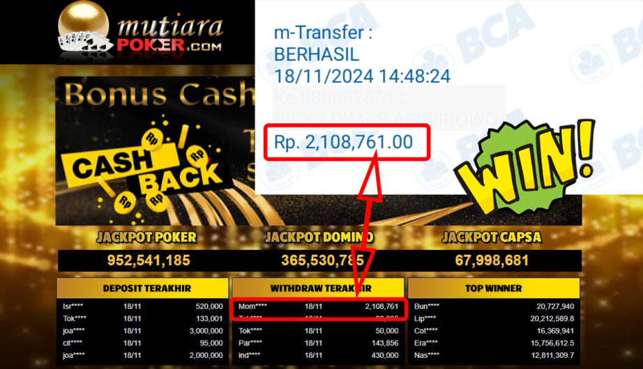 Bukti Withdraw ( 2,108,761,-) Member Setia Mutiarapoker