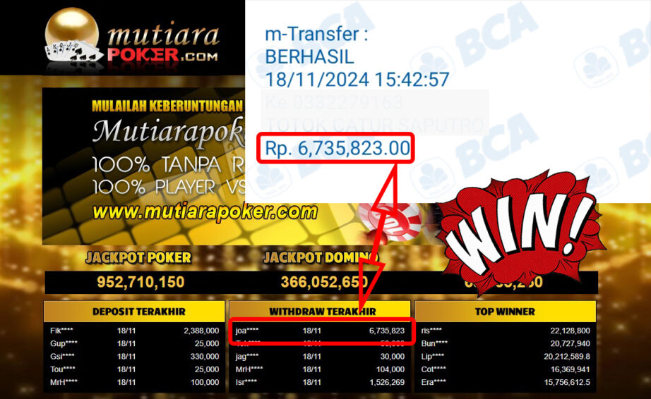 Bukti Withdraw ( 6,735,823,-) Member Setia Mutiarapoker