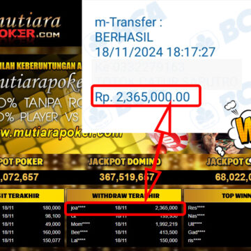 Bukti Withdraw ( 2,365,000,-) Member Setia Mutiarapoker