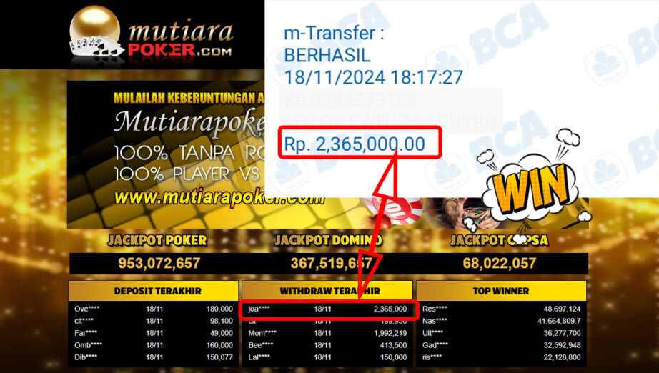 Bukti Withdraw ( 2,365,000,-) Member Setia Mutiarapoker