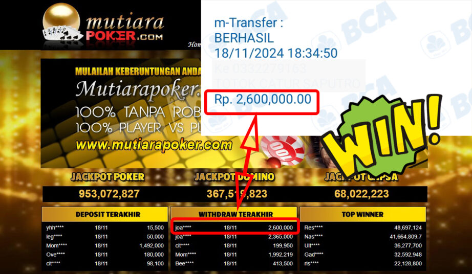 Bukti Withdraw ( 2,600,000,-) Member Setia Mutiarapoker