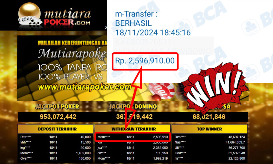 Bukti Withdraw ( 2,596,910,-) Member Setia Mutiarapoker