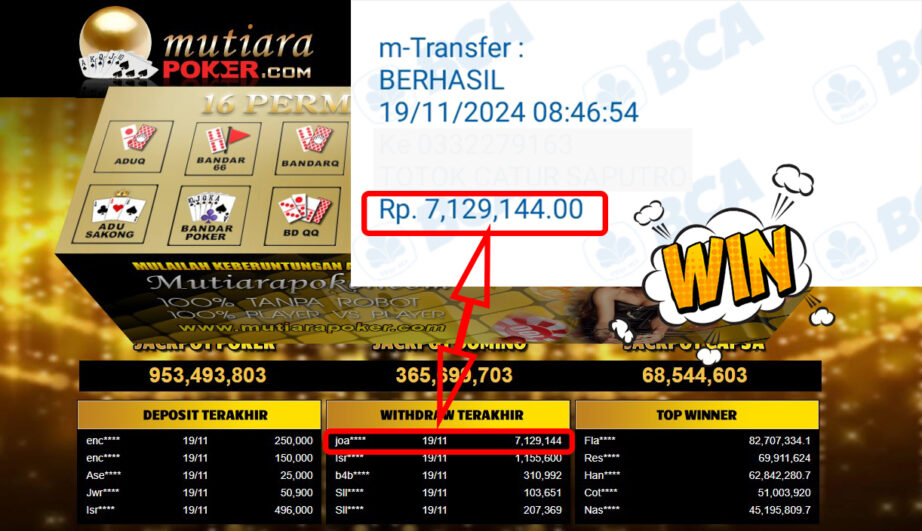 Bukti Withdraw ( 7,129,144,-) Member Setia Mutiarapoker