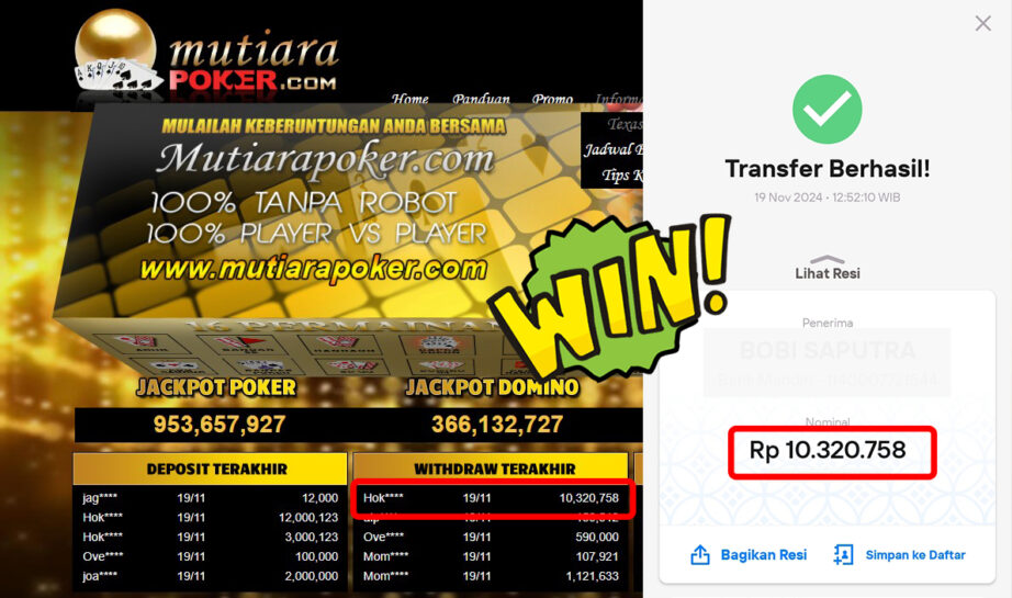 Bukti Withdraw ( 10,320,758,-) Member Setia Mutiarapoker